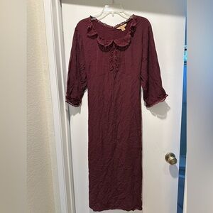 April Cornell Burgundy Dress with Lace Trim & Polka Dots 3/4 Sleeves Midi XXL